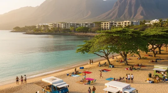 Vue aérienne du lagon de Saint-Gilles à La Réunion avec plage de sable et montagnes verdoyantes