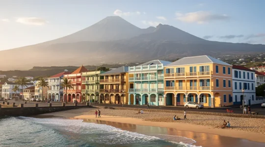 Vue panoramique de Saint-Pierre à la Réunion avec son front de mer animé, la ville en premier plan et le Piton de la Fournaise en arrière-plan