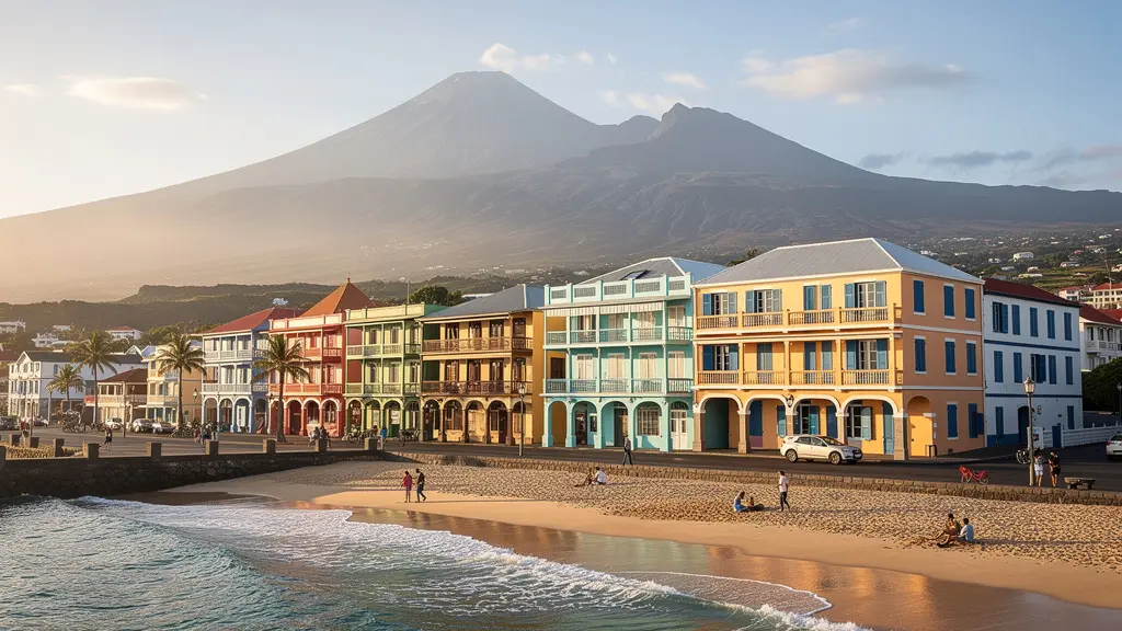 Vue panoramique de Saint-Pierre à la Réunion avec son front de mer animé, la ville en premier plan et le Piton de la Fournaise en arrière-plan