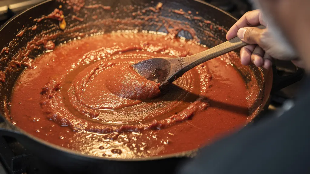 Vue plongeante sur une marmite en fonte montrant la texture croutée caractéristique du rougail avec l'huile séparée sur les bords