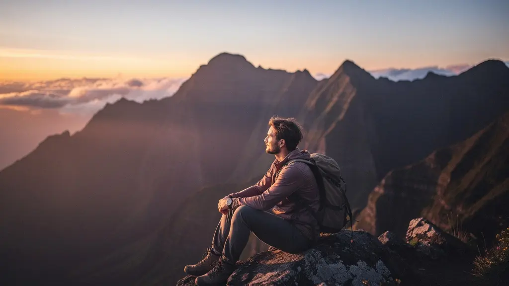 Randonneur solitaire contemplant le cirque de Mafate au crépuscule dans un silence absolu
