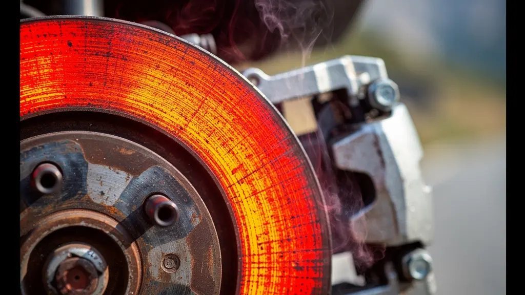 Gros plan sur un disque de frein rougeoyant avec vapeur de chaleur s'échappant dans un environnement montagneux
