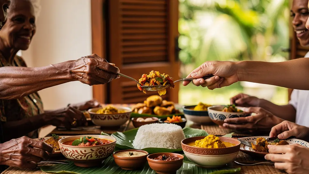 Vue aérienne d'une table commune garnie de plats créoles lors d'un repas en table d'hôtes à La Réunion