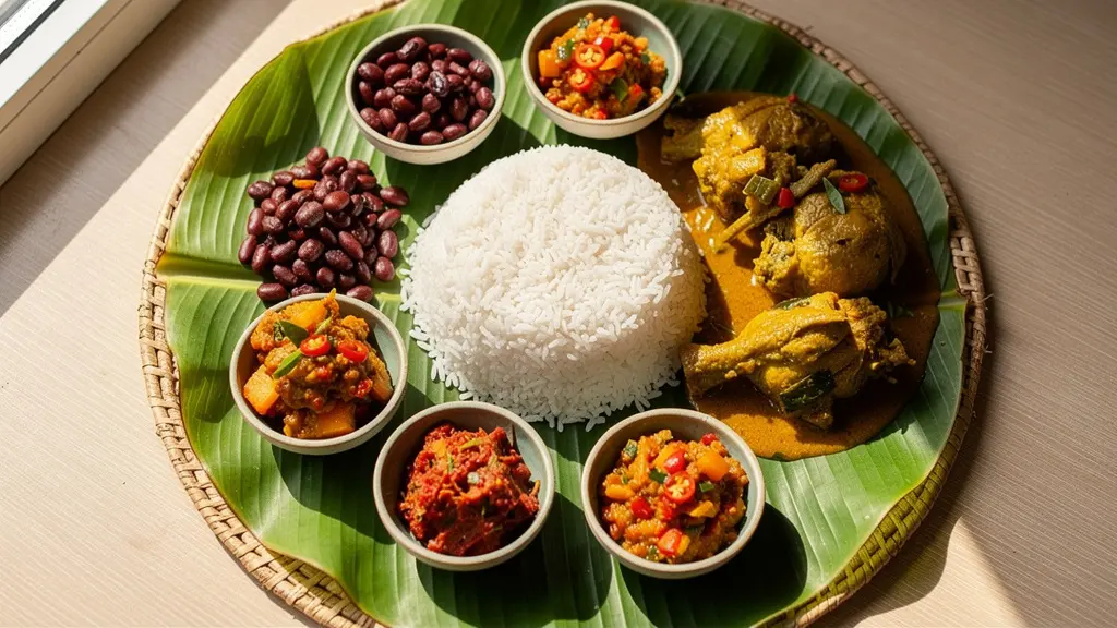 Vue plongeante sur assiette créole complète avec riz blanc, cari en sauce, grains rouges et rougail tomate