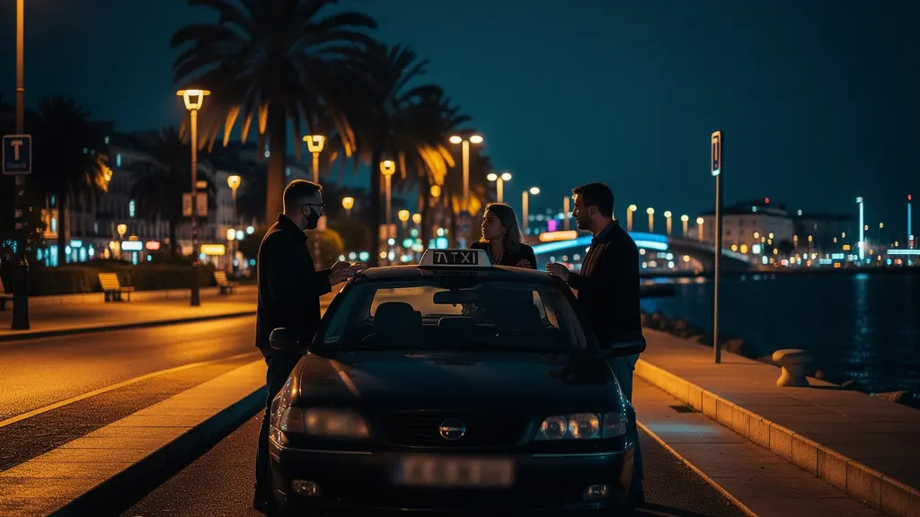 Groupe de jeunes négociant avec un taxi devant les bars du front de mer de Saint-Pierre la nuit