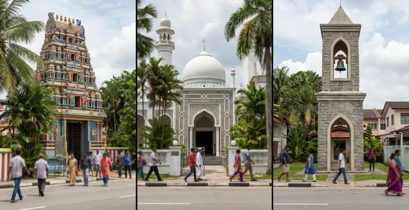 Vue de trois édifices religieux côte à côte dans une rue de Saint-Denis : temple tamoul coloré, minaret de mosquée et clocher d'église