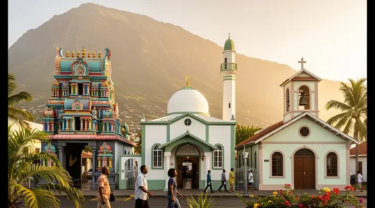 Façades colorées d'un temple tamoul, d'une mosquée et d'une église côte à côte dans une rue de Saint-Denis à La Réunion