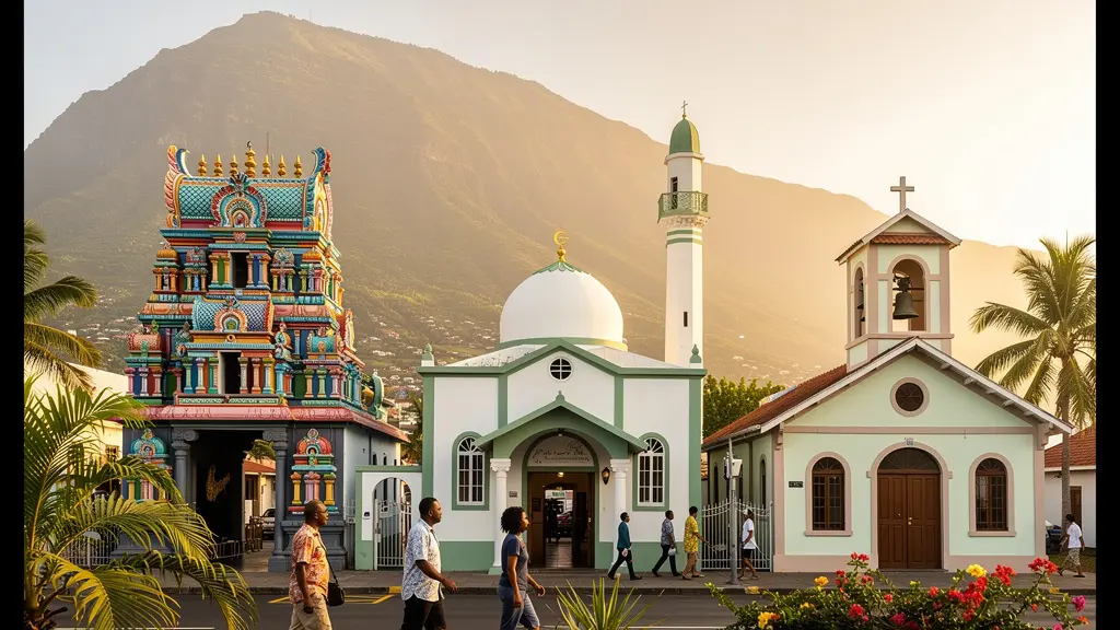 Façades colorées d'un temple tamoul, d'une mosquée et d'une église côte à côte dans une rue de Saint-Denis à La Réunion