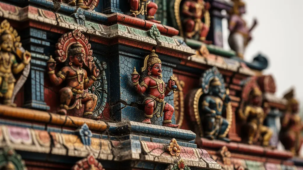 Vue extérieure du temple tamoul coloré de Saint-Pierre avec ses sculptures détaillées et son architecture traditionnelle