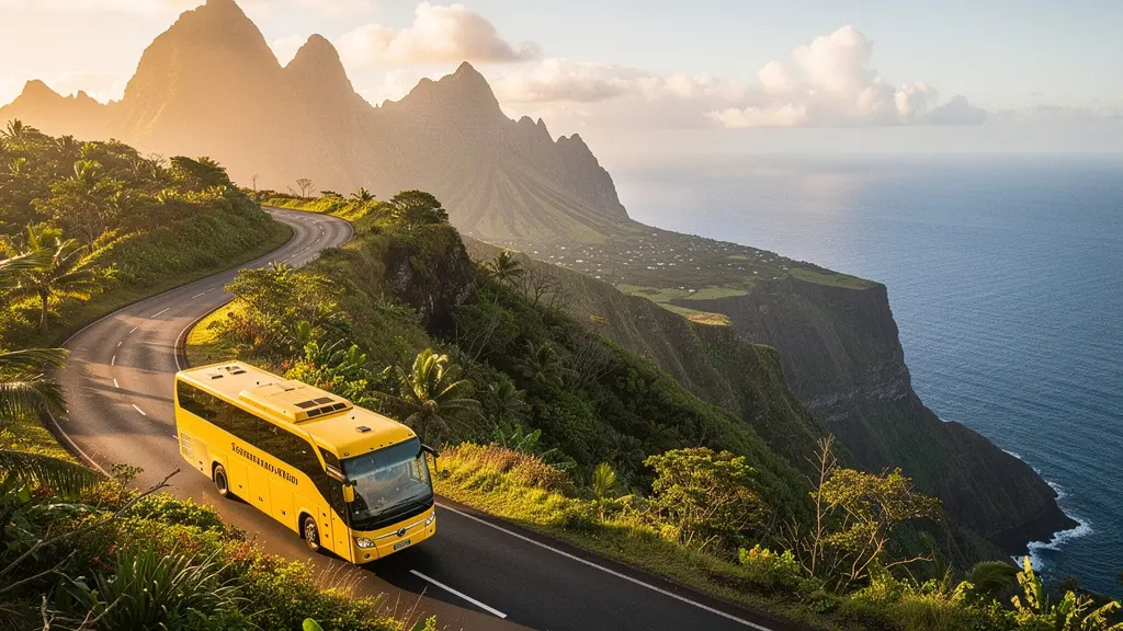 Vue panoramique d'un bus Car Jaune traversant l'île de La Réunion avec l'océan Indien en arrière-plan et les montagnes verdoyantes