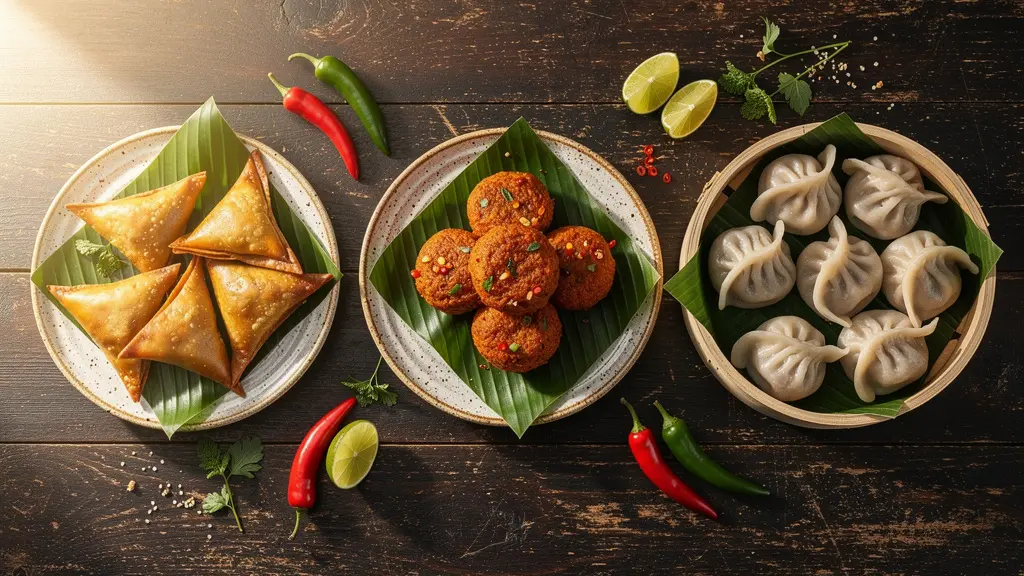 Vue plongeante d'une table en bois tropical avec trois assiettes artisanales contenant samoussas dorés, bonbons piments rougeâtres et bouchons vapeur, accompagnés de feuilles de bananier et citrons verts