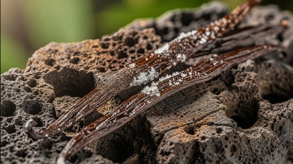 Gousses de vanille Bourbon de La Réunion avec cristaux de givre naturels