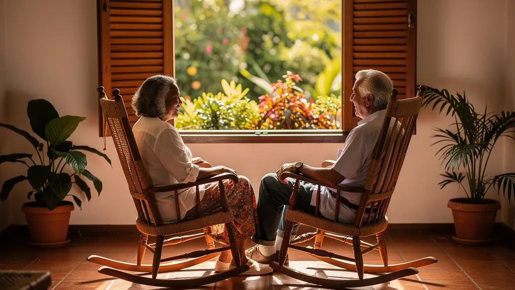 Varangue traditionnelle avec fauteuils cannés et jalousies, illustrant l'espace de vie central de la case créole.
