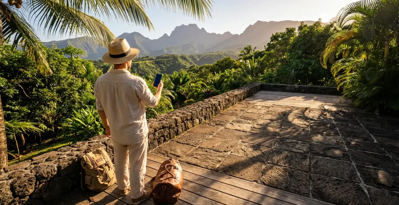 Voyageur avec smartphone et bagages dans un espace tropical lumineux à La Réunion