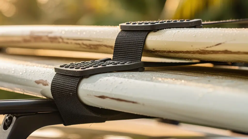 SUV VTC avec planches de surf fixées sur les barres de toit devant un spot de l'ouest de La Réunion