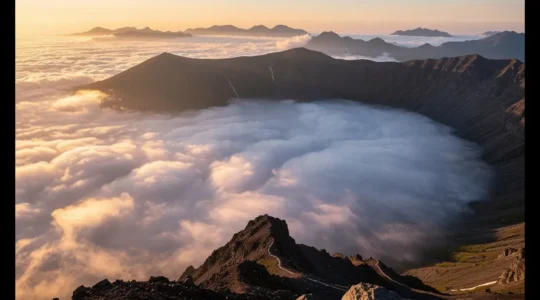 Vue aérienne de la mer de nuages couvrant le cirque de Mafate au lever du soleil à La Réunion