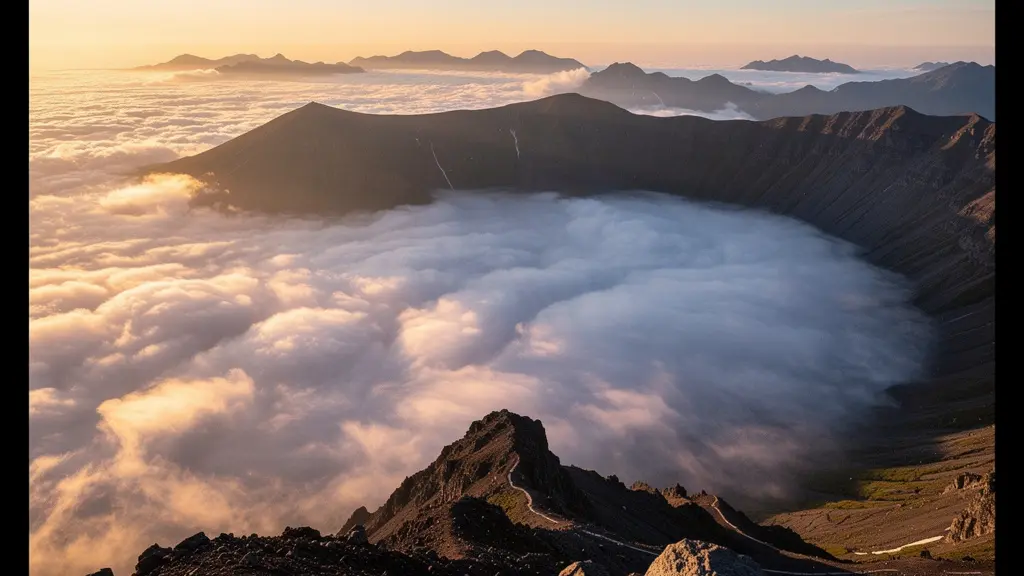 Vue aérienne de la mer de nuages couvrant le cirque de Mafate au lever du soleil à La Réunion