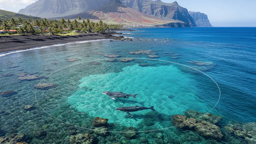 Vue aérienne de la zone d'exclusion de 300 mètres dans la baie de Saint-Paul avec une baleine et son baleineau